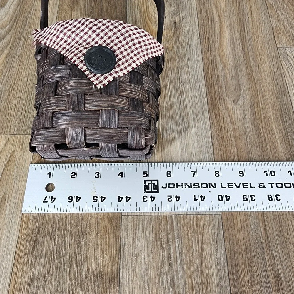 Vintage Woven Basket Espresso Brown Gingham Fabric Button Primitive Decor 9in